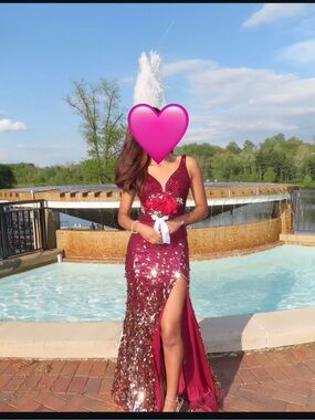 2 Cute Burgundy Sequin Prom Dress with Gold Accents
